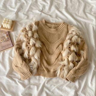 Faux Wool Sleeve Panel Knit Sweater