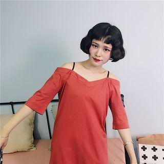 Plain Off Shoulder Elbow Sleeve T-shirt Dress