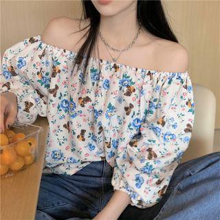 Long-sleeve Off-shoulder Floral Top