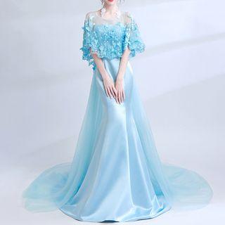 Butterfly Crochet Elbow Sleeve Evening Gown