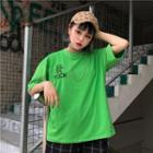 Short-sleeve Lettering Embroidered T-shirt Neon Green - One Size