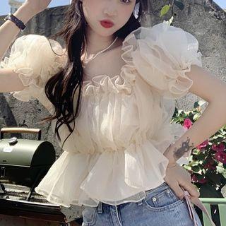 Puff-sleeve Ruffled Mesh Blouse Light Almond - One Size