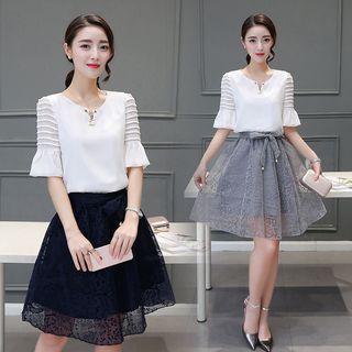 Set : Split-neck Bell-sleeve Top + Skirt