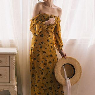 3/4-sleeve Lace-up Floral A-line Midi Dress