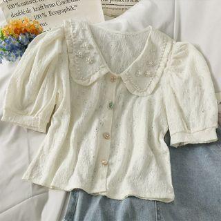 Pearl-accent Puff-sleeve Crop Shirt