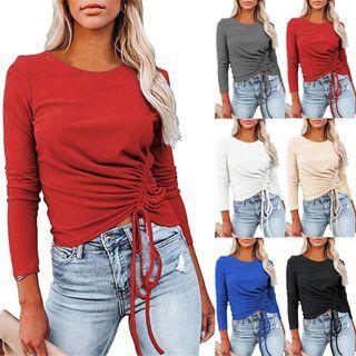 Long Sleeve Plain Drawstring Crop Top