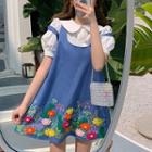 Collared Blouse / Flower Print Mini A-line Overall Dress