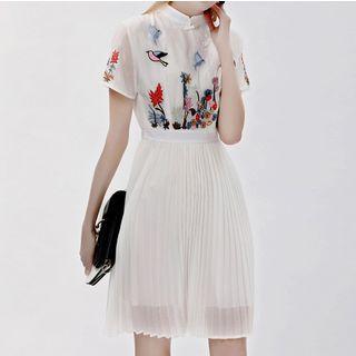 Embroidered Mandarin Collar Short Sleeve Pleated Hem Dress