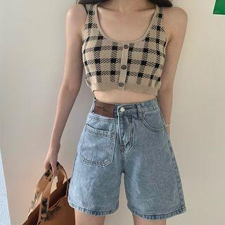 Plaid Sleeveless Crop Top / Denim Wide-leg Shorts