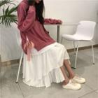 Mock Two-piece Pullover / Asymmetric Hem Midi A-line Skirt