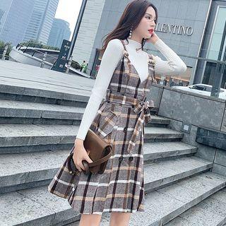 Set: Mock Turtleneck Knit Top + Spaghetti Strap Plaid Dress