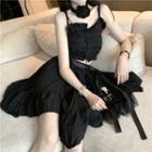 Frill Trim Cropped Camisole Top / Asymmetrical A-line Skirt / Rose Choker