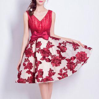 Sleeveless Beaded Floral A-line Party Dress