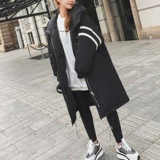 Long Contrast-trim Zip Hooded Padded Coat