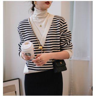 Turtleneck Striped Mock Two Piece Sweater