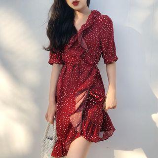 Dotted Ruffle Trim Short-sleeve A-line Dress