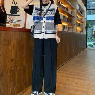 Short-sleeve Plain T-shirt / Patterned Knit Vest / Plain Pants