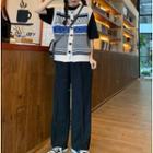 Short-sleeve Plain T-shirt / Patterned Knit Vest / Plain Pants