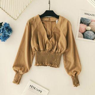 Puff-sleeve Smocked V-neck Blouse