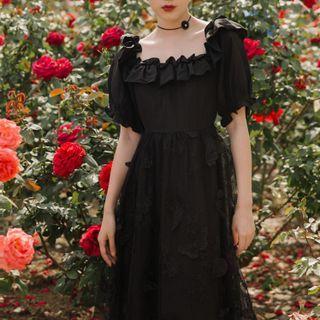 Square-neck Butterfly Embroidered Midi A-line Dress