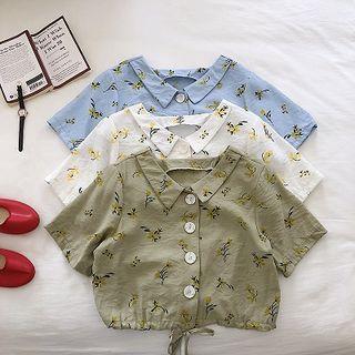 Floral Drawcord Single-breasted Short-sleeve Blouse