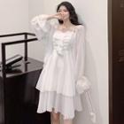 Bell-sleeve Plain Cardigan / Sleeveless Faux Pearl Tie Neck Layered Dress