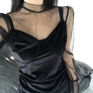 Set: Velvet Camisole Top + Mesh Long-sleeve Top