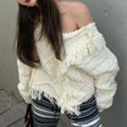 Distressed Cable Knit Sweater / Striped Wide Leg Pants
