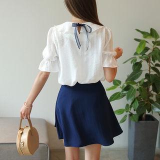 Puff-sleeve Beribboned Lace Blouse
