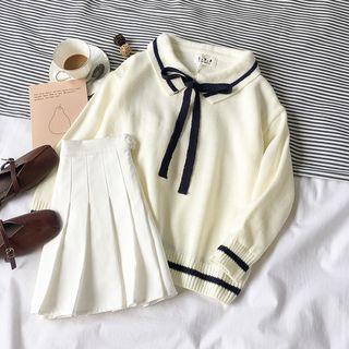 Collared Bow Accent Sweater / High Waist Pleated Skirt