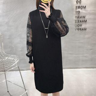 Lace Panel Sleeve Knit Midi Dress