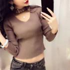 Long-sleeve Open Front Crop Knit Top Black - One Size