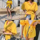 Puff-sleeve Belted Linen Blend Blouse