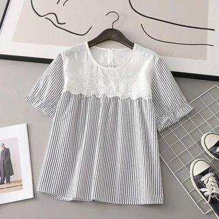 Short-sleeve Striped Blouse Stripes - Black & White - One Size