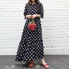 Dotted 3/4-sleeve Maxi A-line Dress Black - One Size