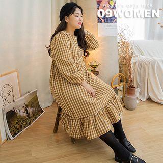 Plus Size Frilled-hem Gingham Long Dress