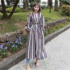 Stripe Surplice-wrap Maxi Robe Cardigan