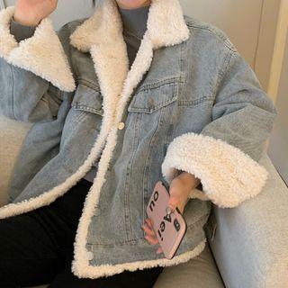 Fleece Trim Denim Jacket Denim Blue - One Size