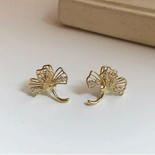 Rhinestone Leaf Earring 1 Pair - Cutout Leaf - Gold - One Size