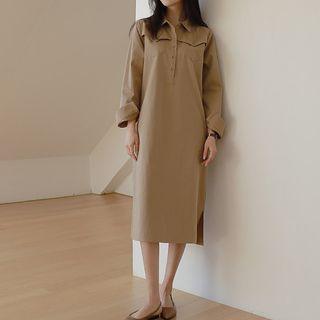Half-placket Flap-pocket Midi Shirtdress