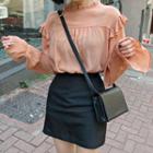 Frill-neck Puff-sleeve Textured Blouse