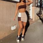 Set: One Shoulder Cropped Camisole Top + Color-block Paneled Mini Skirt