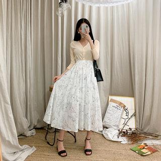 Set: Lightweight Cardigan + Pattern Maxi Skirt Beige - One Size