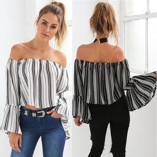 Striped Off-shoulder Bell-sleeve Top