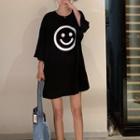 3/4-sleeve Oversize Smiley Face Printed T-shirt