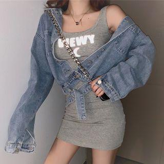 Printed Mini Tank Dress / Denim Jacket