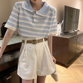 Polo-neck Striped Knit Top + Plain Shorts