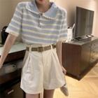 Polo-neck Striped Knit Top + Plain Shorts