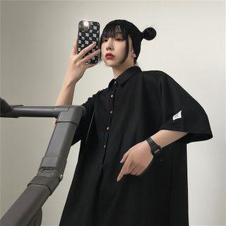 Elbow-sleeve Mini Shirtdress Black - One Size