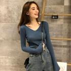 Plain Long-sleeve Ribbed T-shirt
